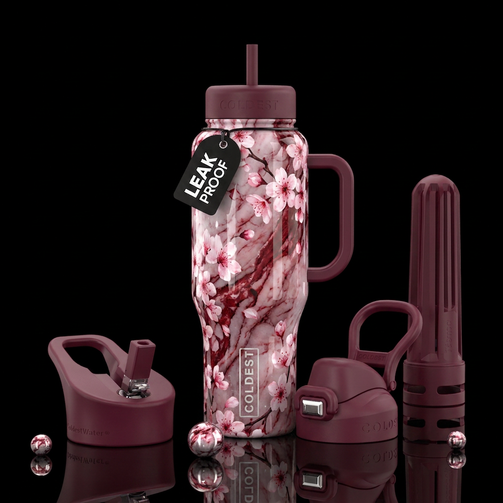 marble cherry blossoms water bottle design