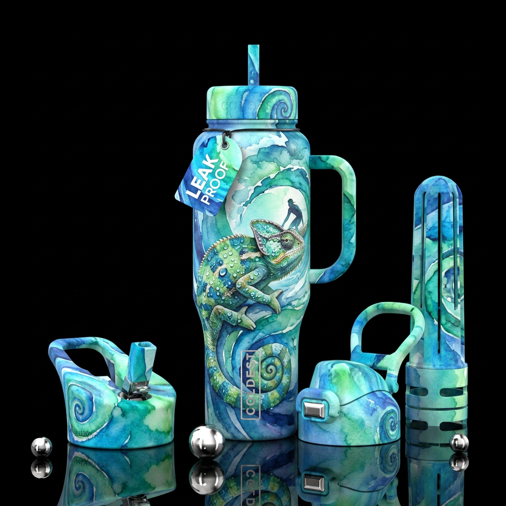 surfing, chameleon water bottle design