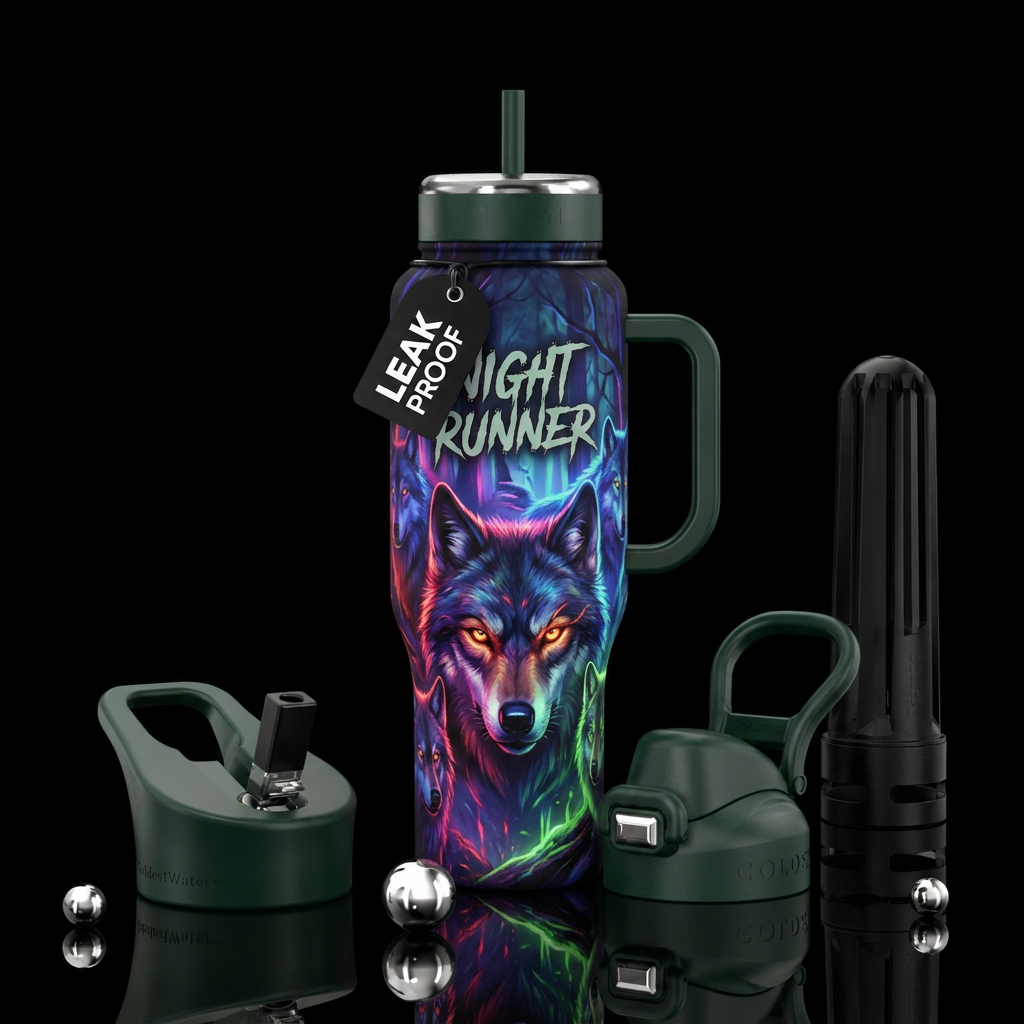 wolf, scary, glowie water bottle design