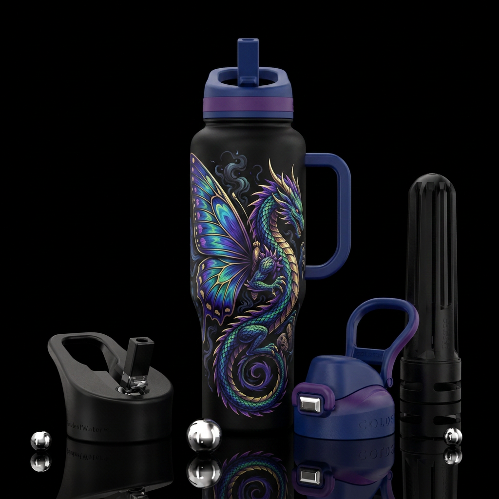 butterfly, dragon, darkness water bottle design