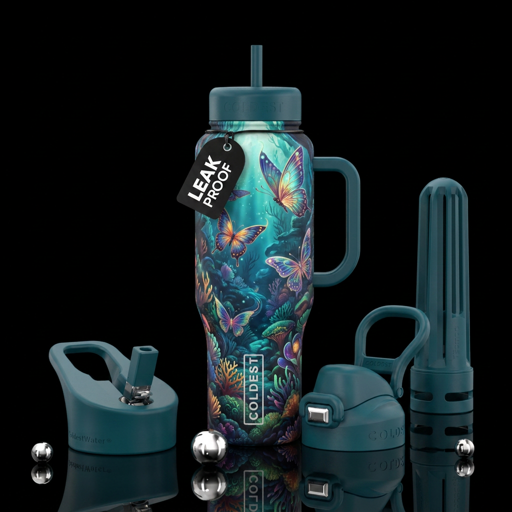 fantasy, magical, butterfly, ocean water bottle design