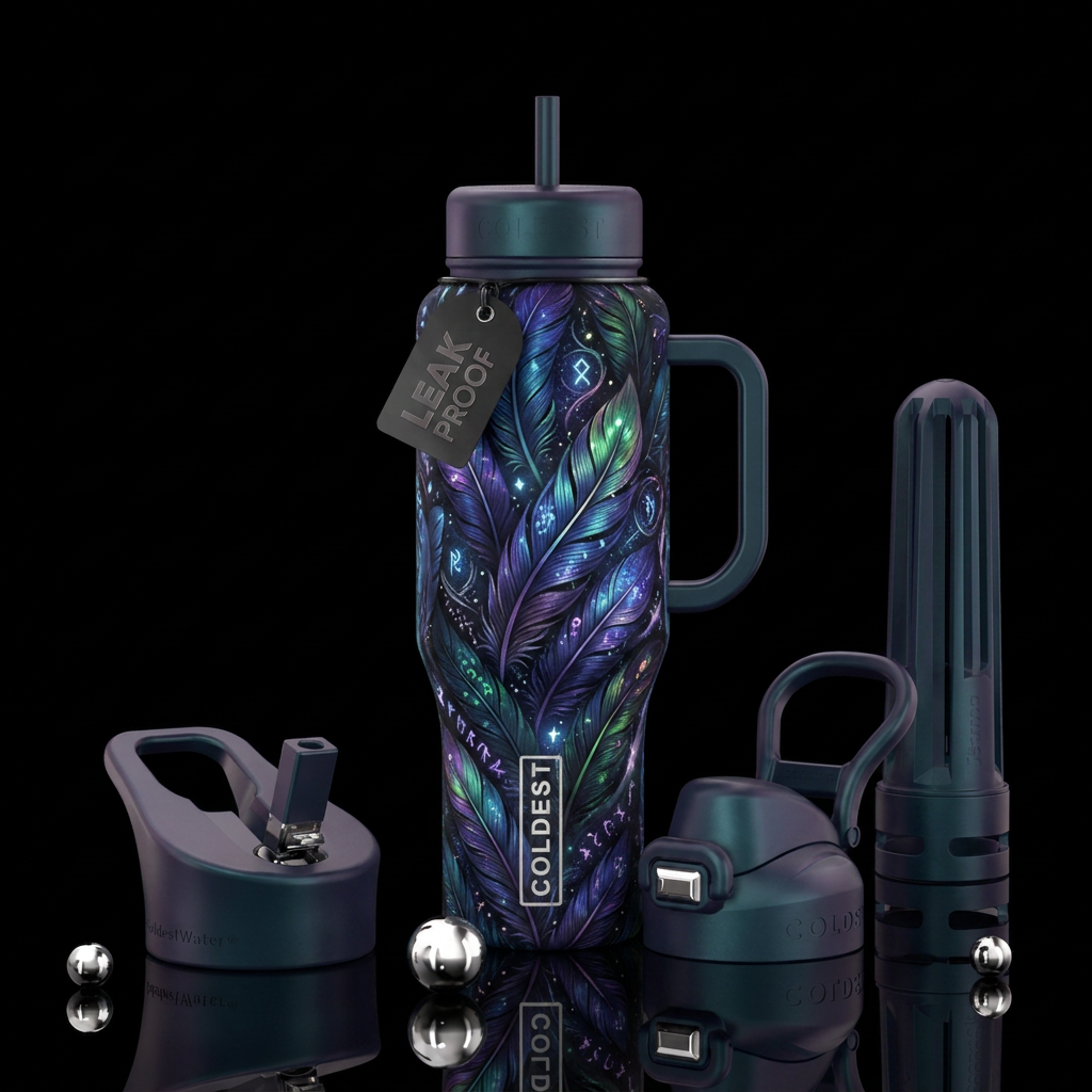 feathers, magical, dark mood water bottle design