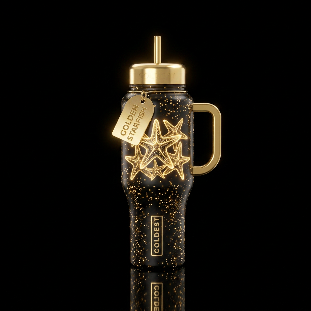 glowie, gold, starfish water bottle design