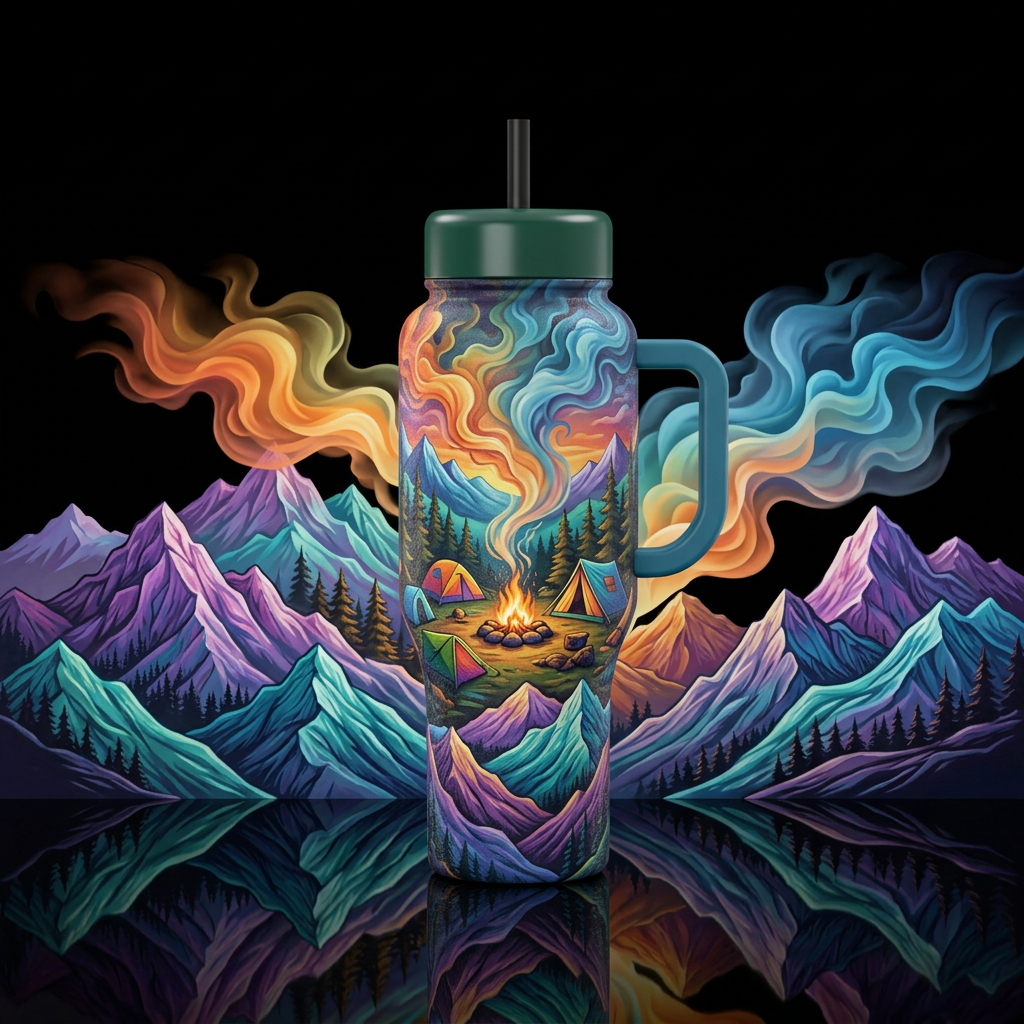 camping, mountains, smoke water bottle design