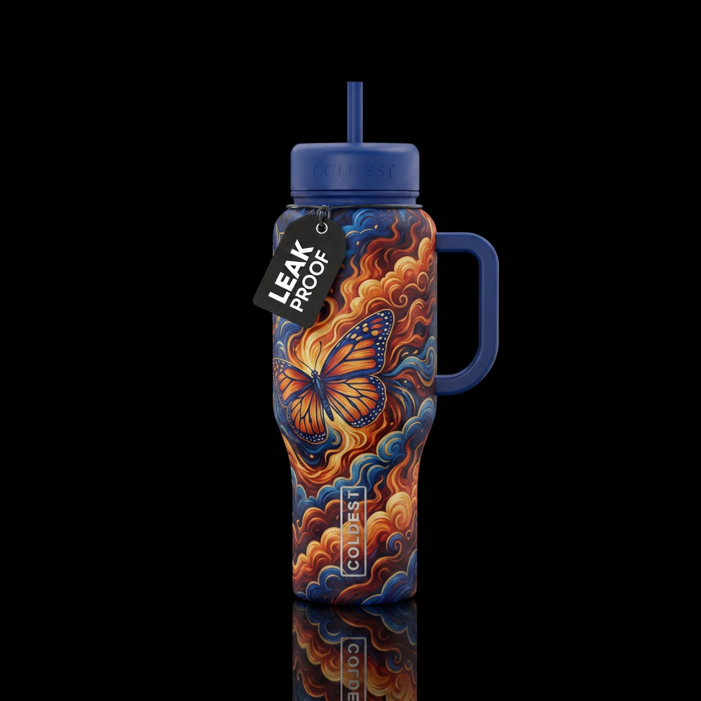 cobalt, firery, clouds, butterfly water bottle design
