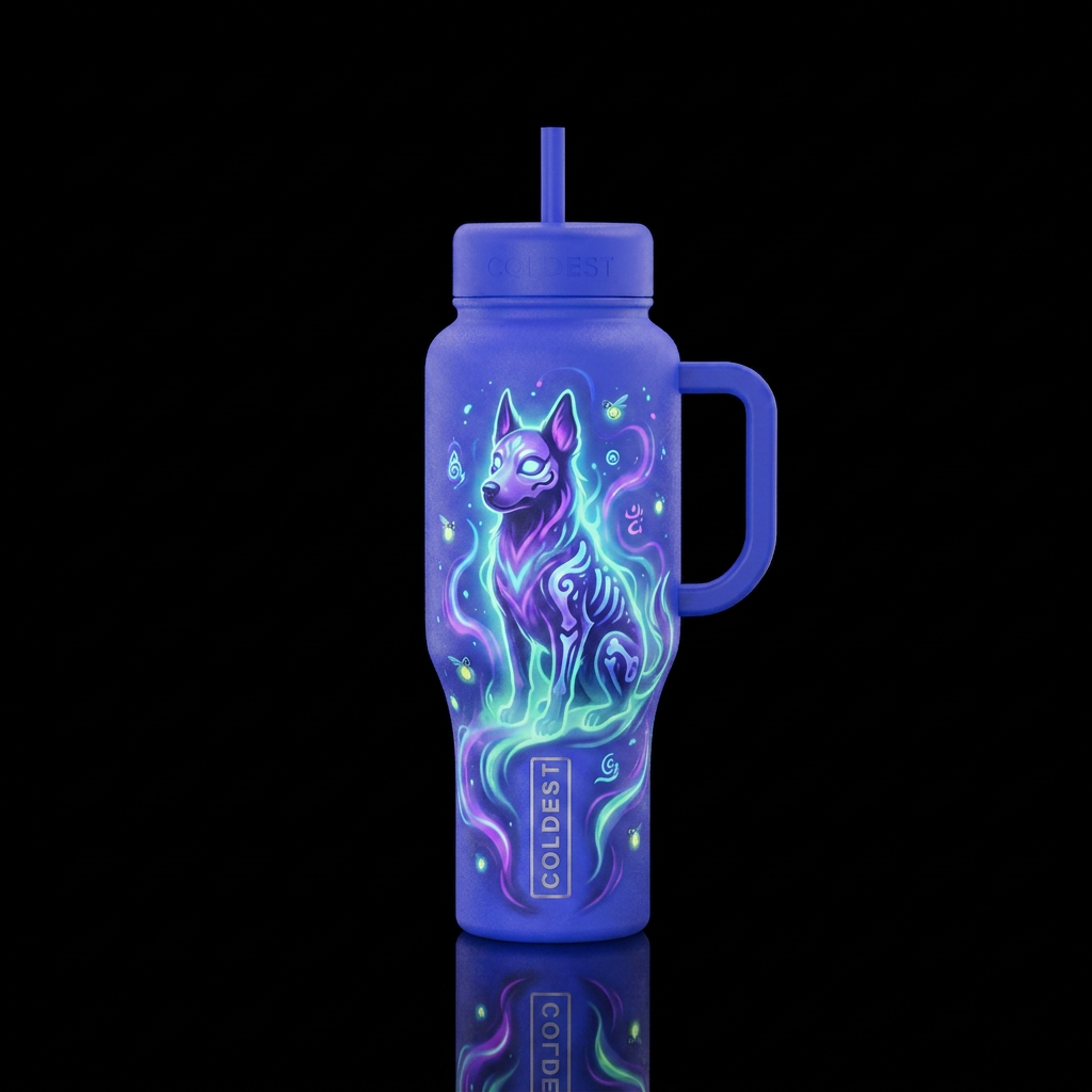 spooky dog glowie, magical water bottle design