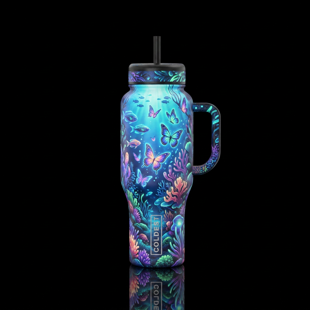 Glowing Butterfly Lagoon water bottle design