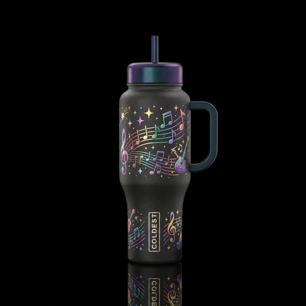 music notes, whimsical, magical, fantasy water bottle design