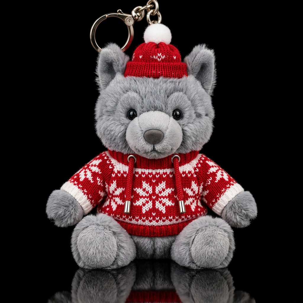 Cute fluffy gray wolf wearing a cozy red and white... water bottle design