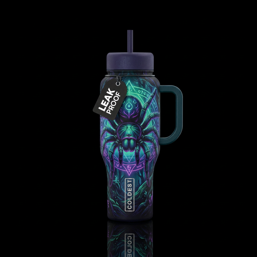 magical, fantasy, dark mood, tarantula water bottle design