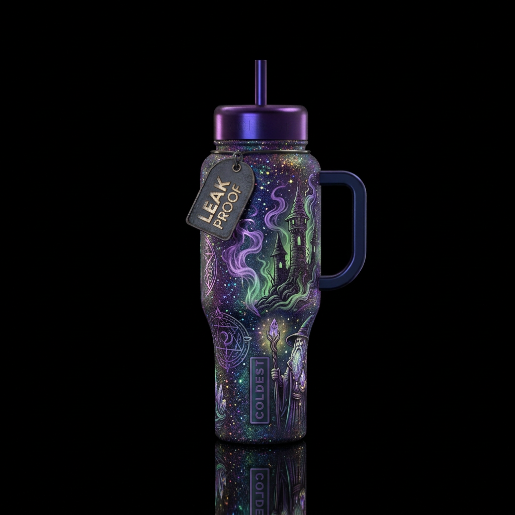 dreamy, sparkly, shiny, haunted, wizard water bottle design