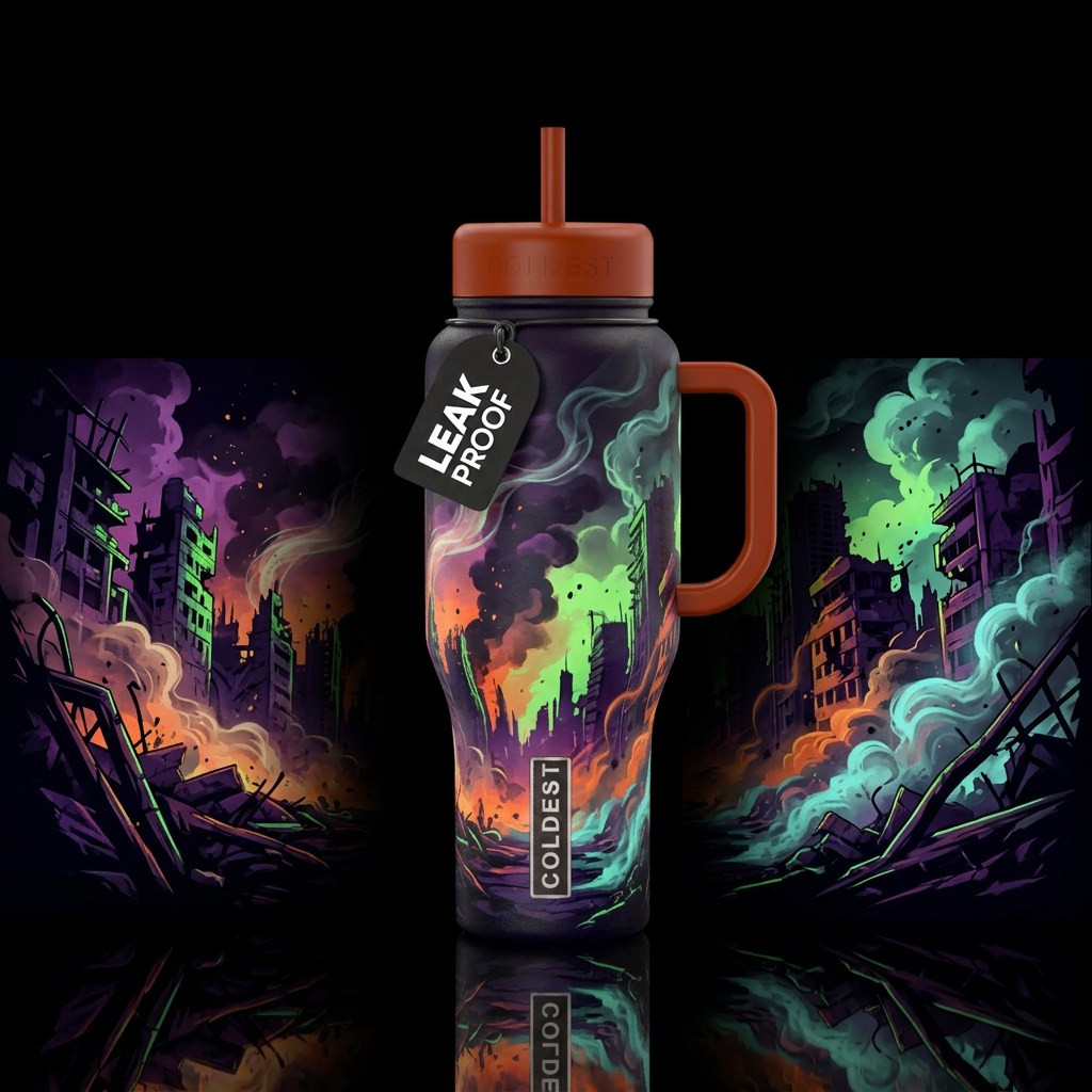post-apocalyptic, dark mood, smoke, darkness water bottle design