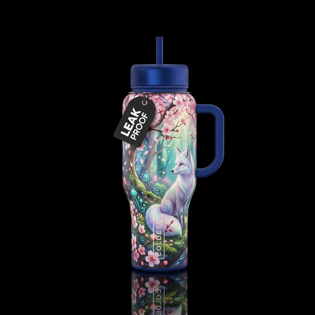 cherry blossom, enchanted forest, arctic fox water bottle design
