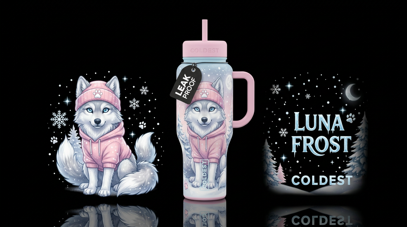 Luna Frost: Arctic Blush 🐺🩷❄️ water bottle design