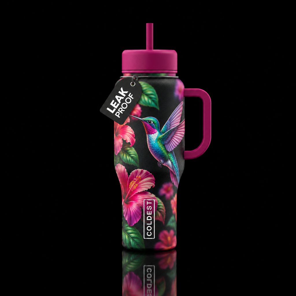 hummingbird, beautiul, vibrant water bottle design