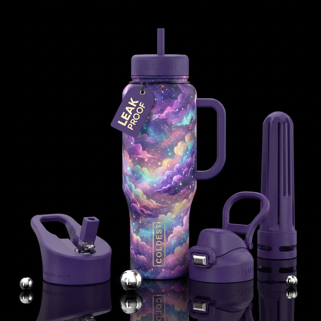 clouds, magical, sparkly water bottle design