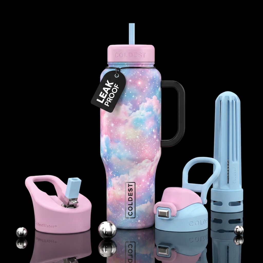 clouds, magical, sparkly water bottle design