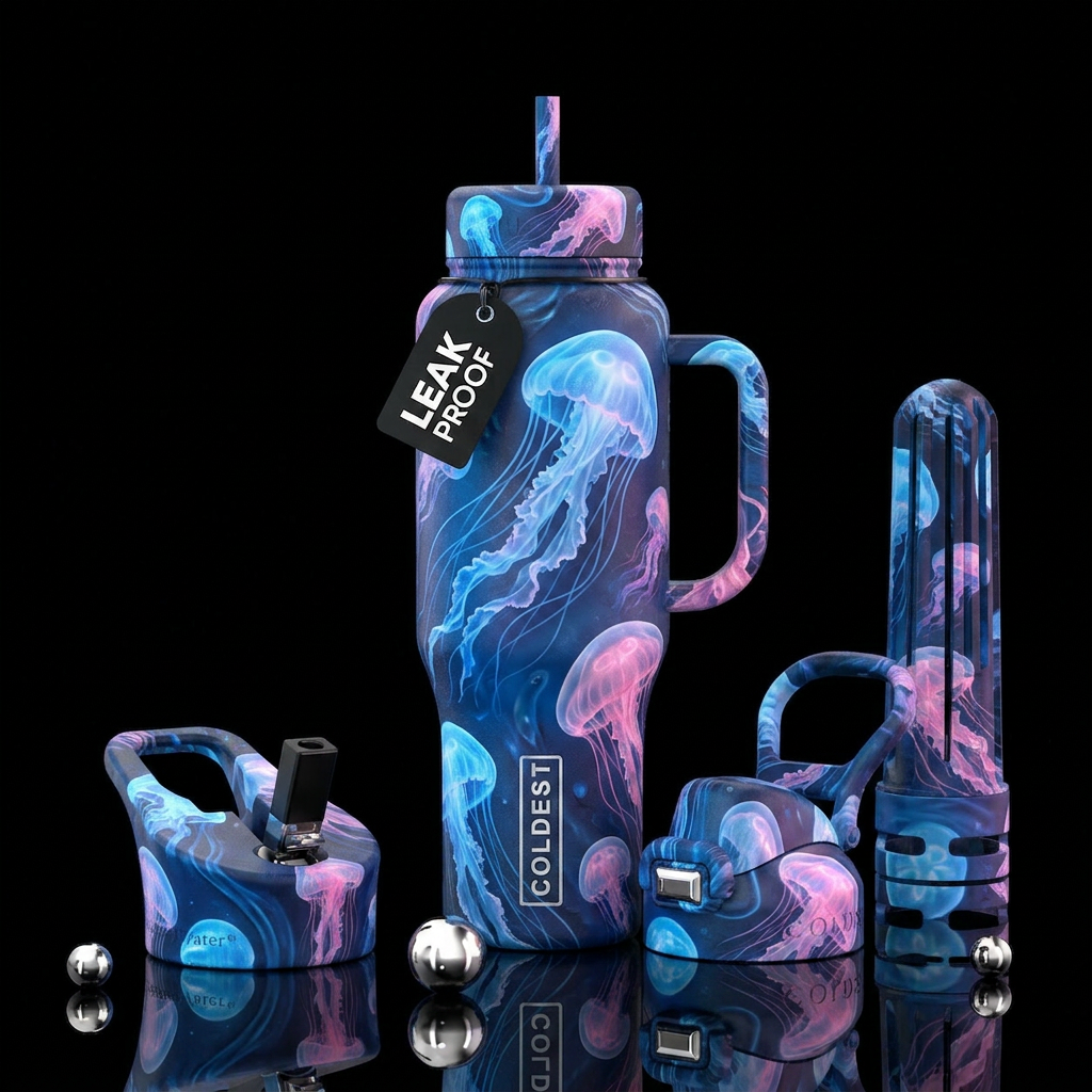 Blue and pink jelly fish water bottle design