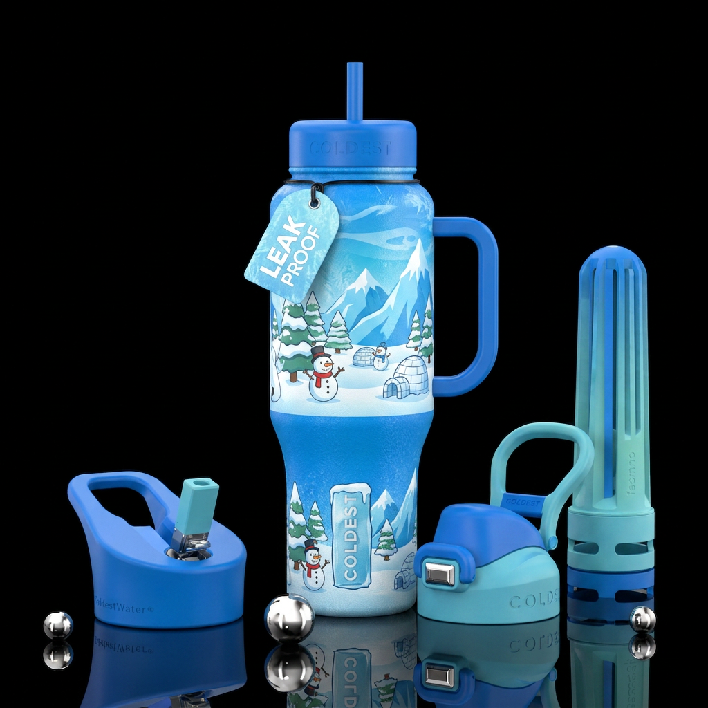 Winter wonderland cartoon water bottle design
