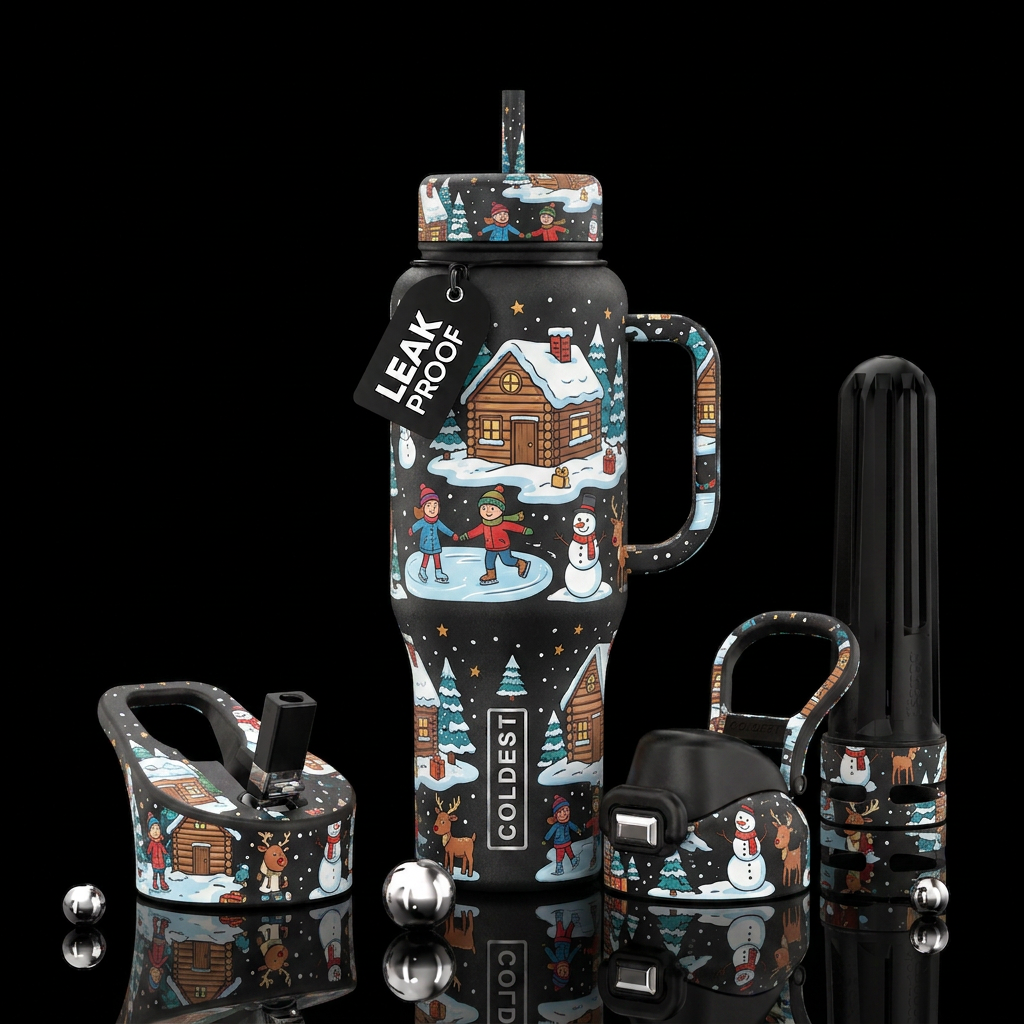Winter wonderland cartoon water bottle design