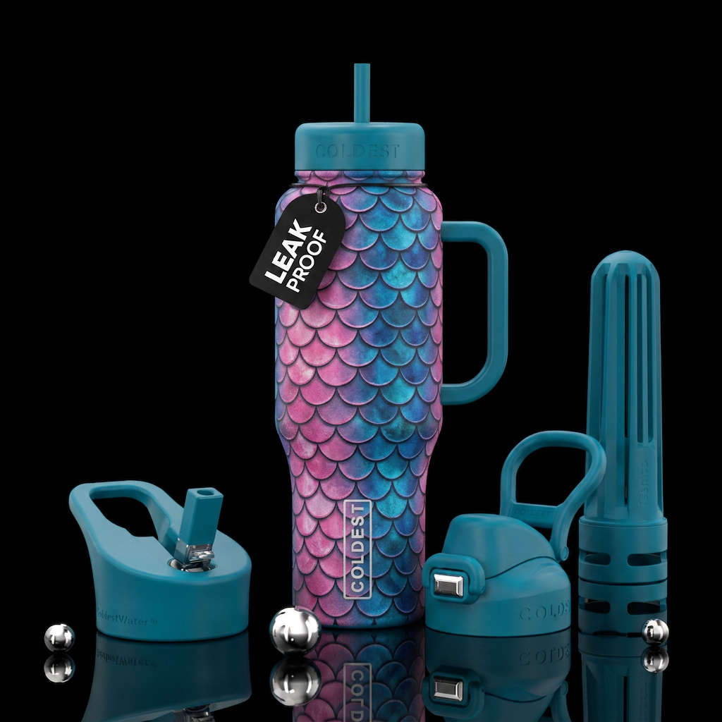 Pink and blue mermaid scales water bottle design