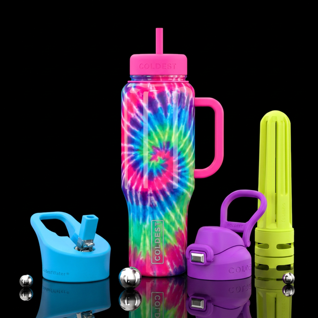 tie-dye, neon water bottle design