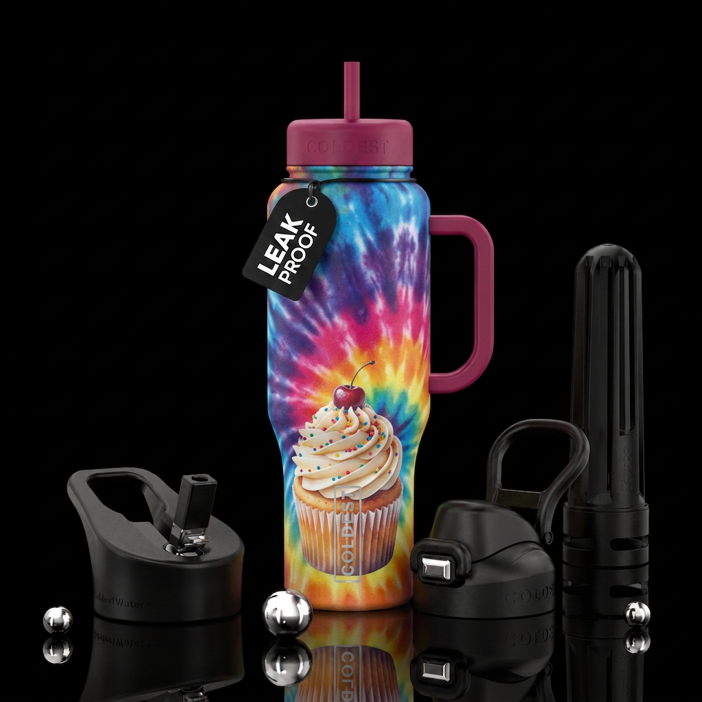 tie-dye, cupcake water bottle design