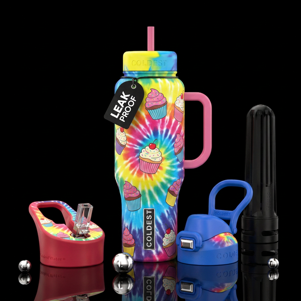 tie-dye, cupcake water bottle design