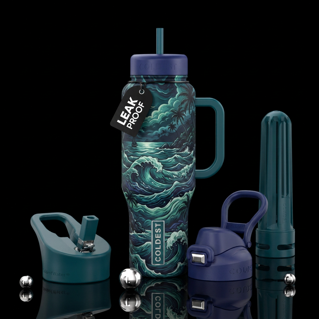 stormy seas, tropical water bottle design