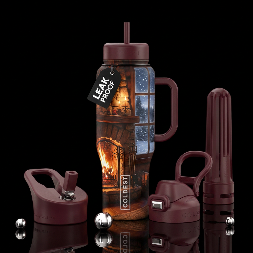 Cozy in front of the fireplace and snowing outside... water bottle design