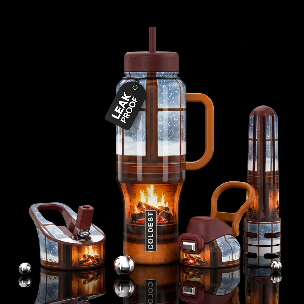 Cozy in front of the fireplace and snowing outside... water bottle design
