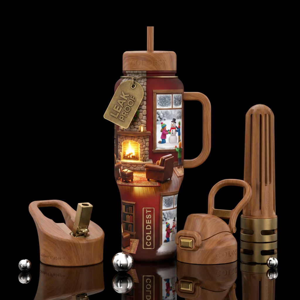 Cozy book nook with fire place and kids building a... water bottle design