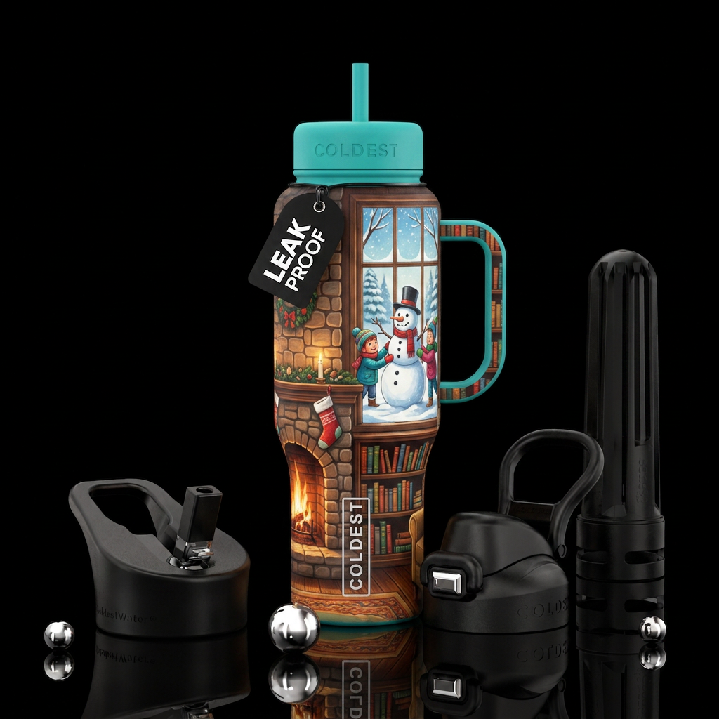 Cozy book nook with fire place and kids building a... water bottle design