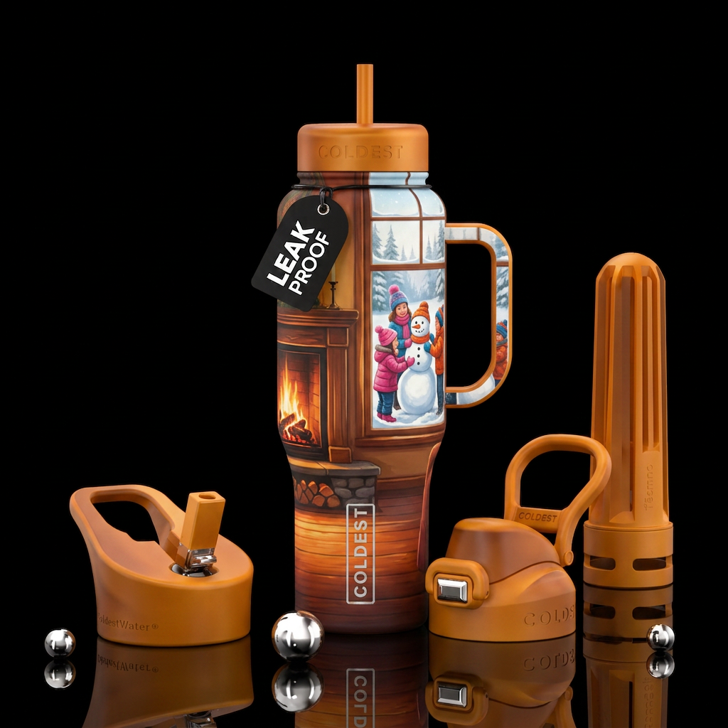 Cozy fire place and kids building a snowman outsid... water bottle design