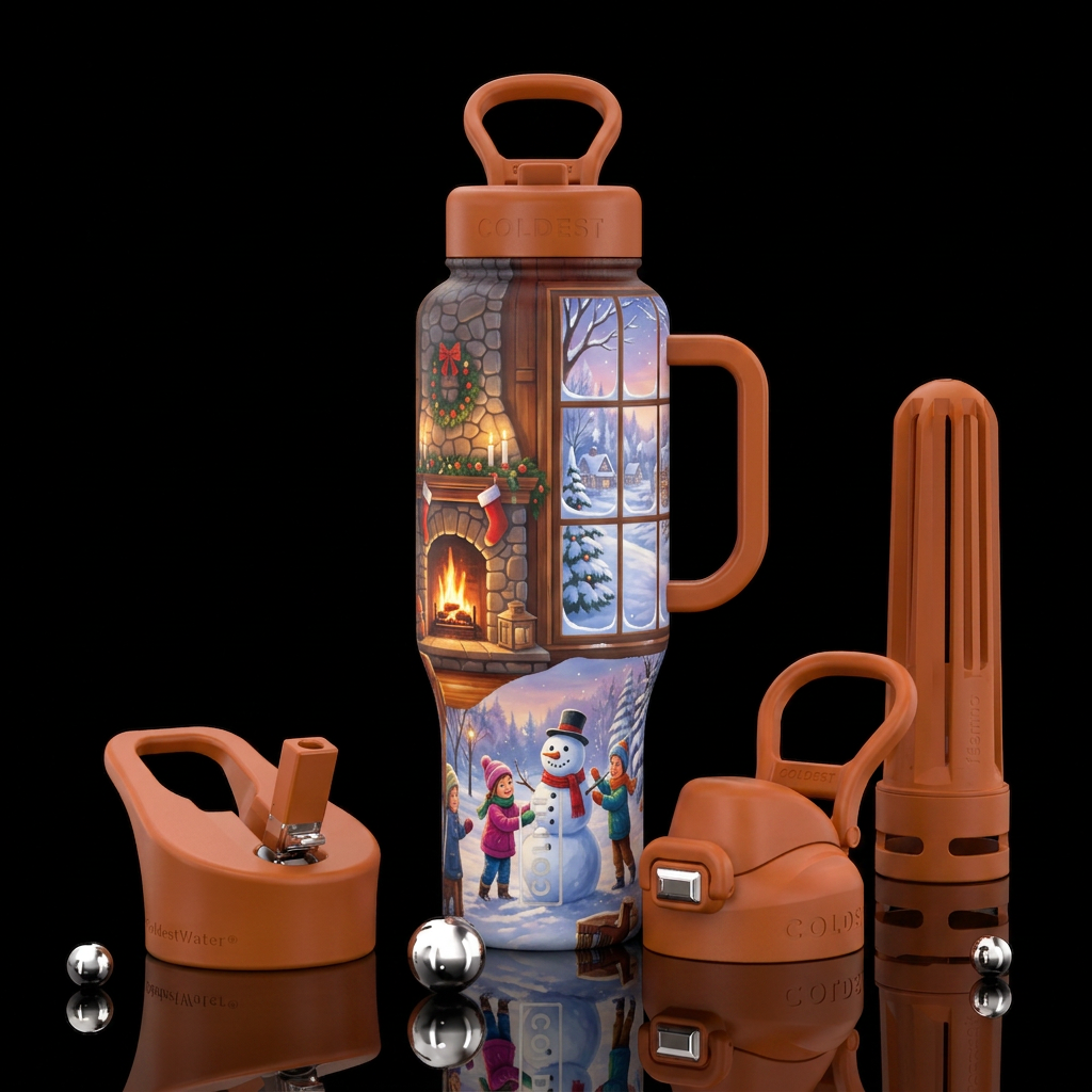 Cozy fire place and kids building a snowman outsid... water bottle design