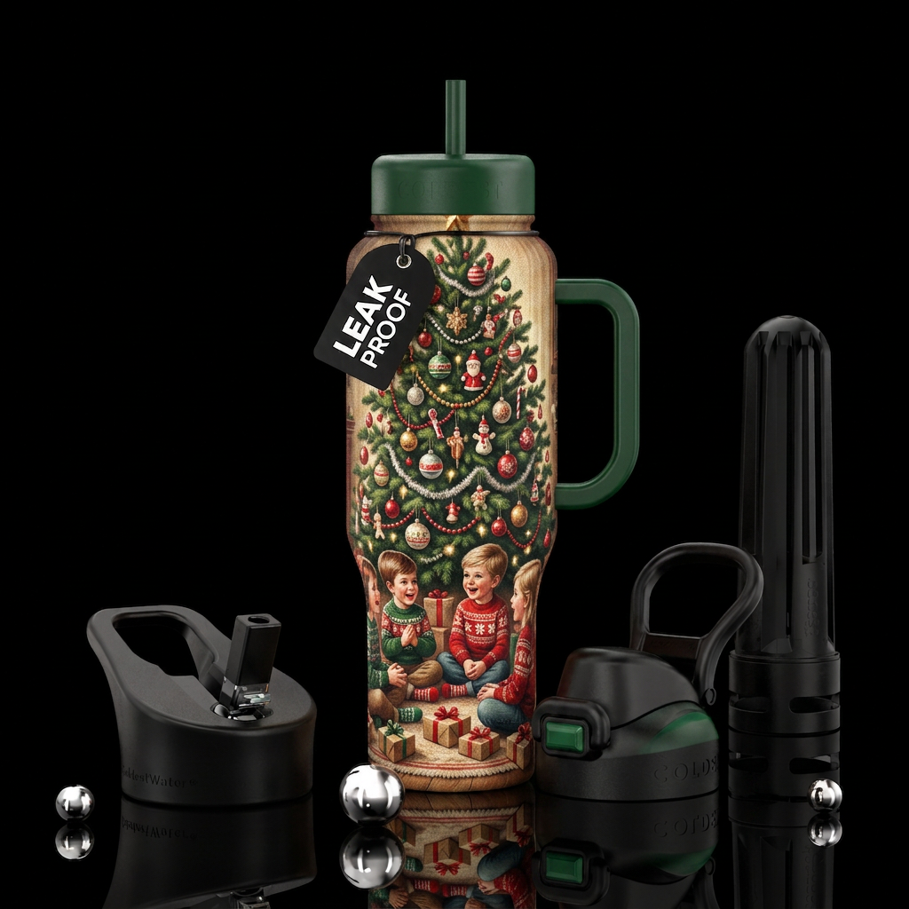 Old fashioned christmas tree, and kids sitting aro... water bottle design