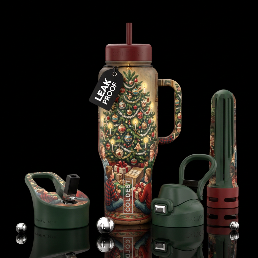 Old fashioned christmas tree, and kids sitting aro... water bottle design