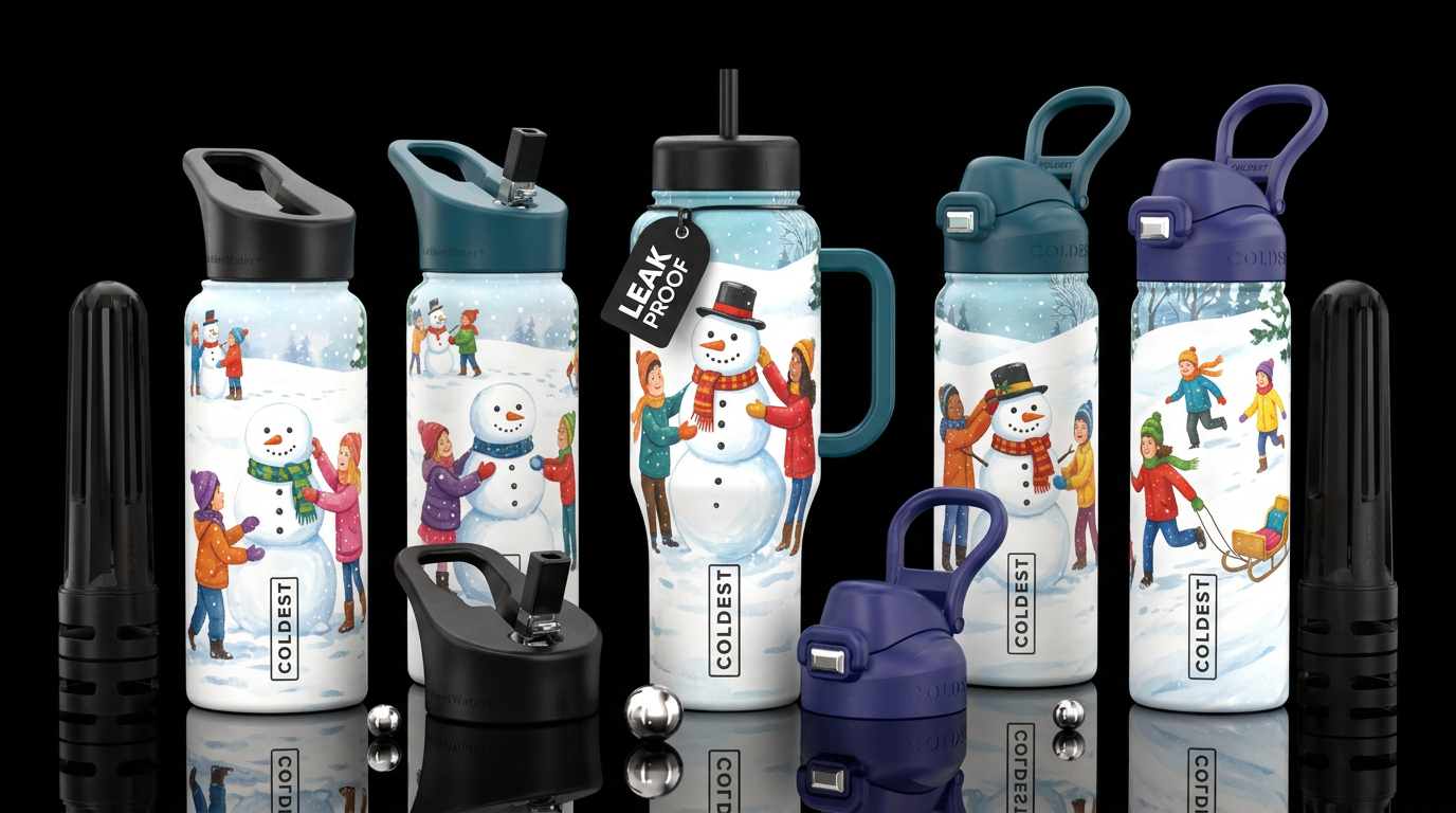Kids at play buildings a snowman water bottle design
