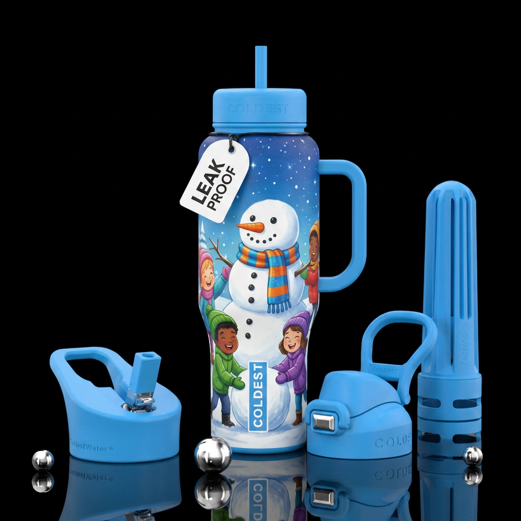Kids at play buildings a snowman water bottle design