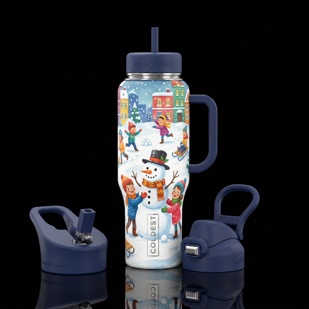 Kids at play buildings a snowman water bottle design
