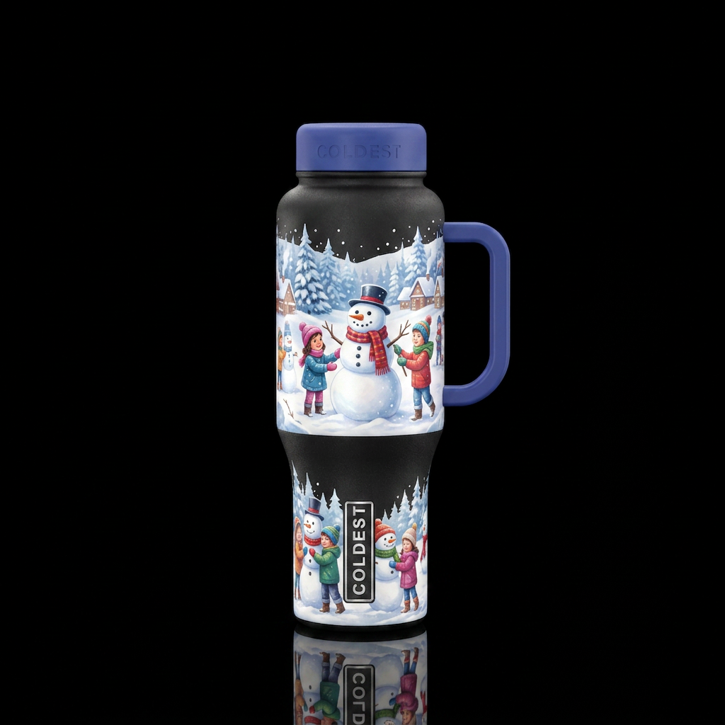 Kids at play buildings a snowman water bottle design