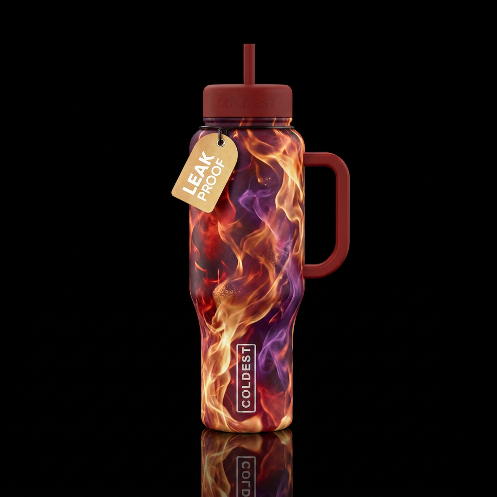 firery, realism, magical water bottle design