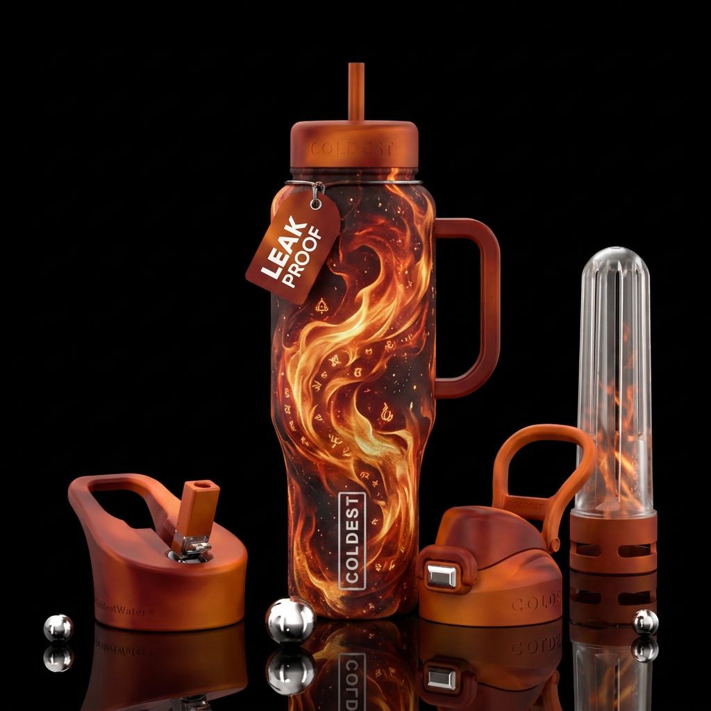 firery, realism, magical water bottle design