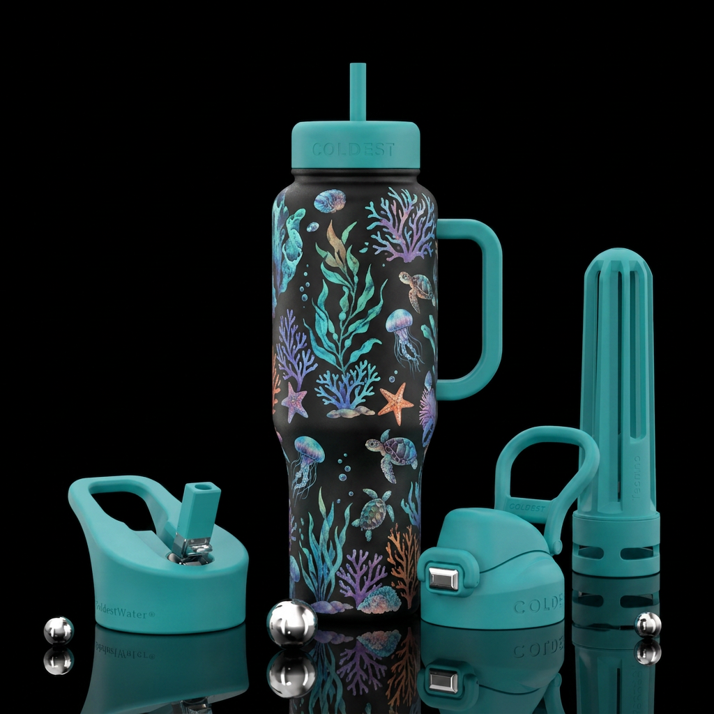 whimsical, realism, bleach effect water bottle design