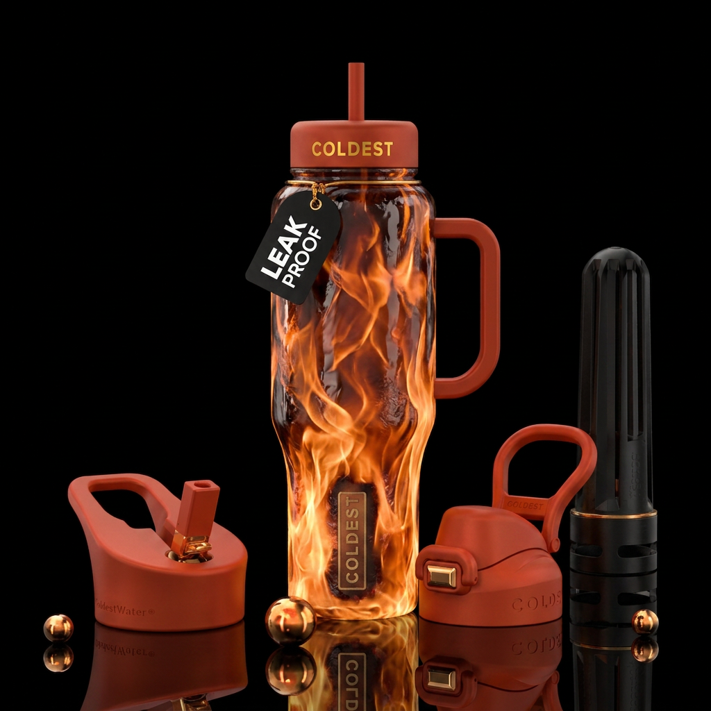 firery, realism water bottle design