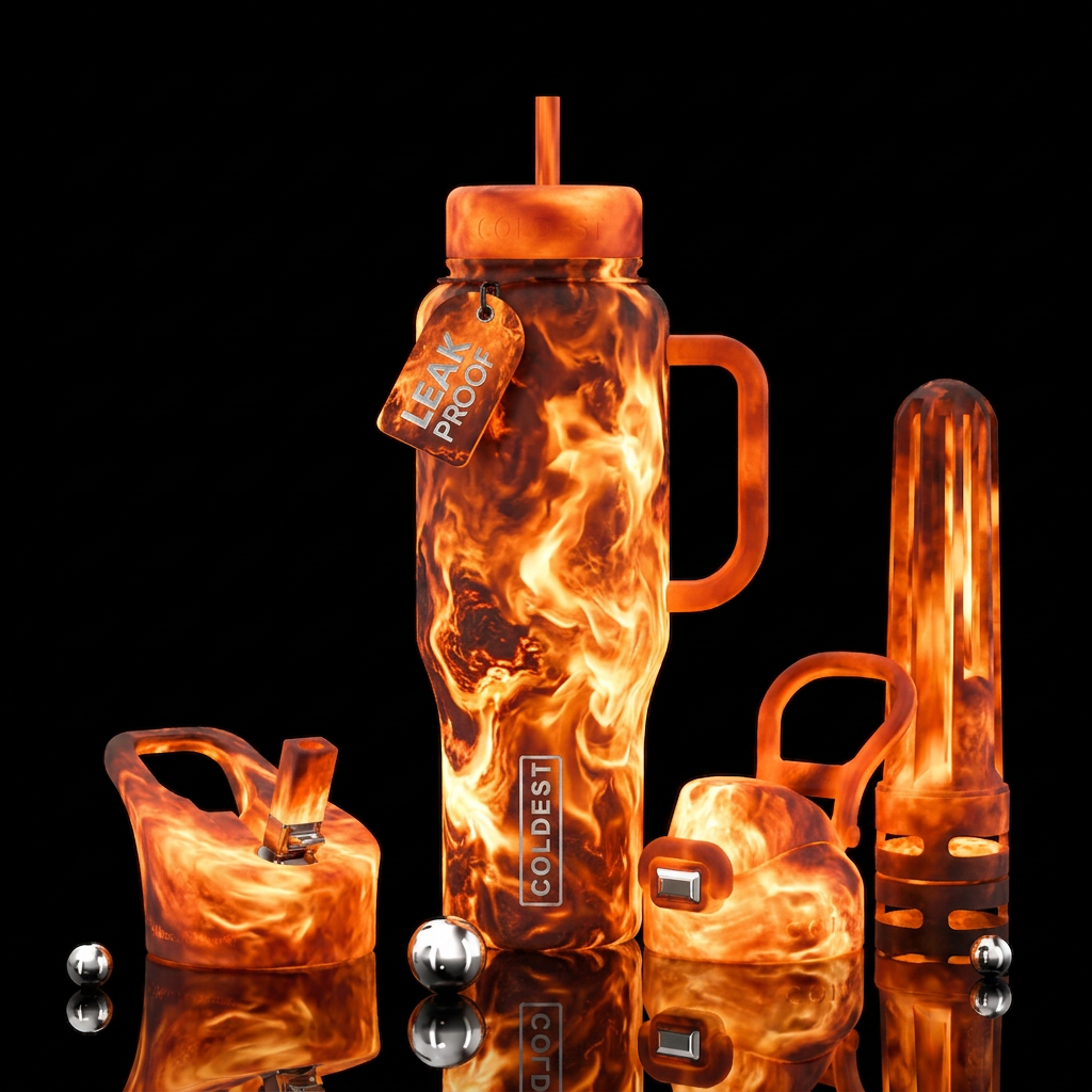 firery, realism water bottle design
