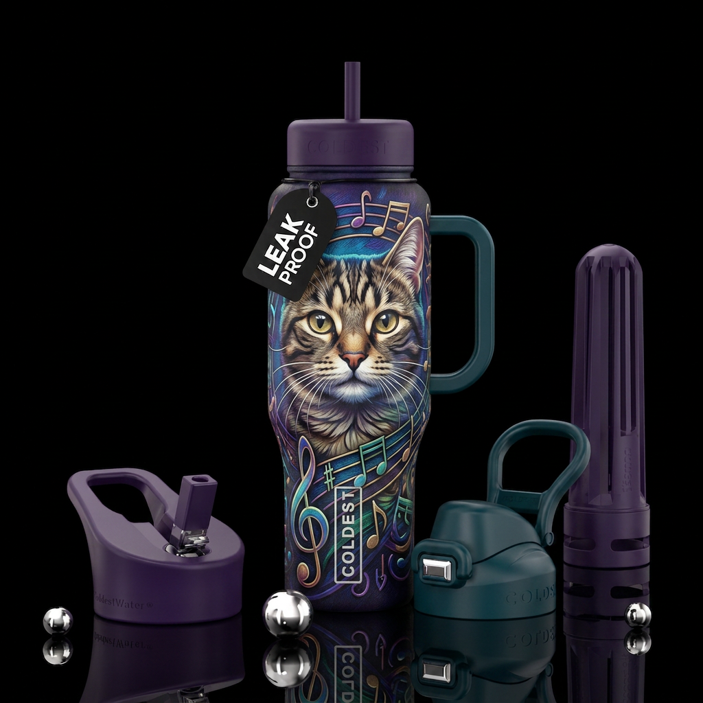 cat, music water bottle design