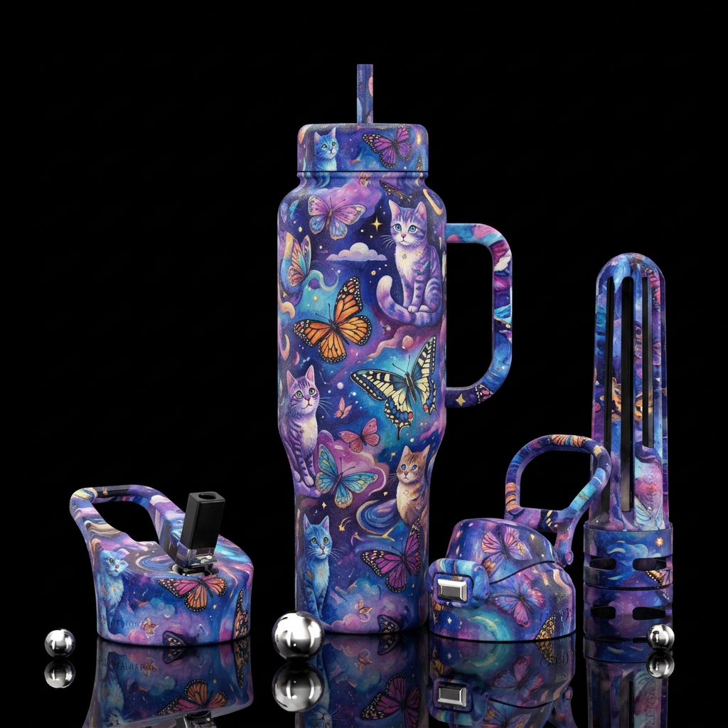 cat, butterfly, dreamy water bottle design
