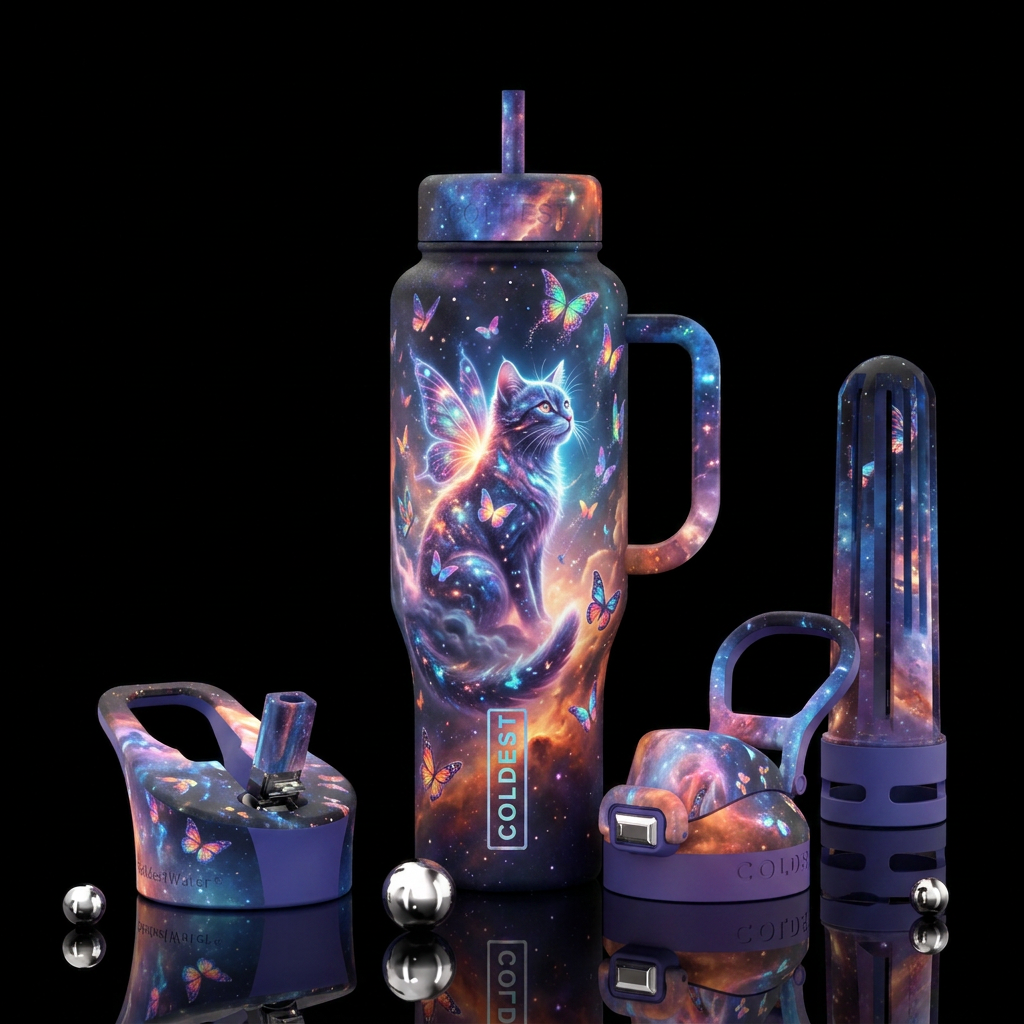 cat, butterfly, dreamy water bottle design