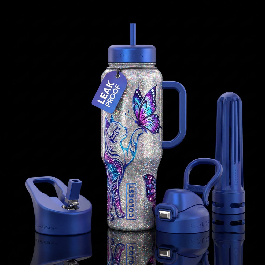 cat, butterfly, sparkly water bottle design